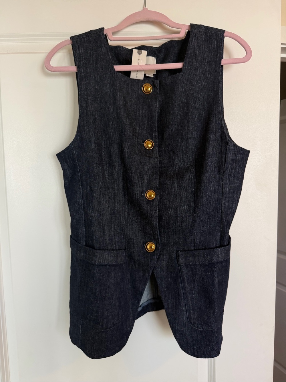 Maeve Dark Blue Denim Vest with Gold Buttons